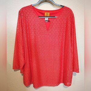 Ruby Rd. Hot Coral Diamond Pattern Lace Blouse